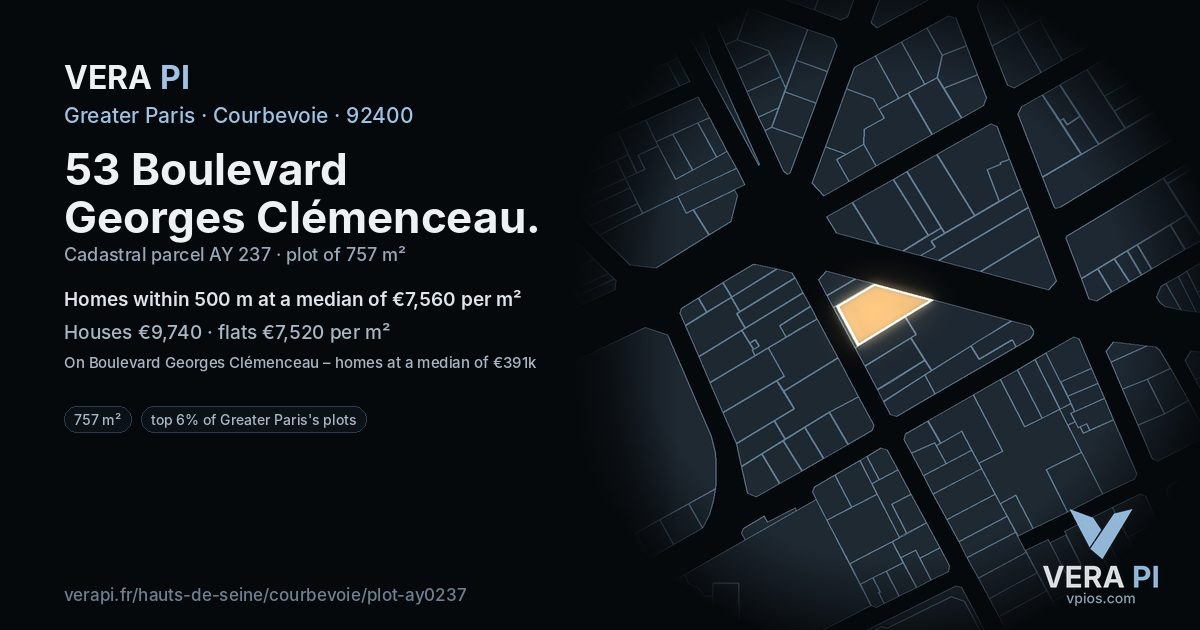 53 Boulevard Georges Clémenceau, Courbevoie at night – the plot lit, the parcels around coloured by the prices near them