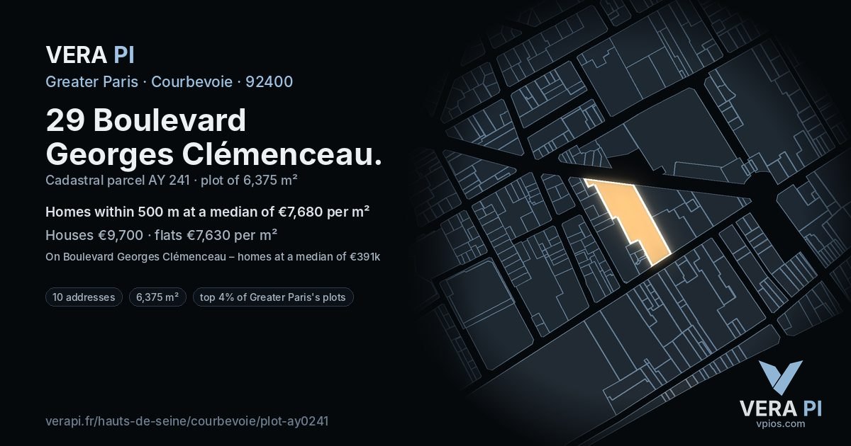 29 Boulevard Georges Clémenceau, Courbevoie at night – the plot lit, the parcels around coloured by the prices near them