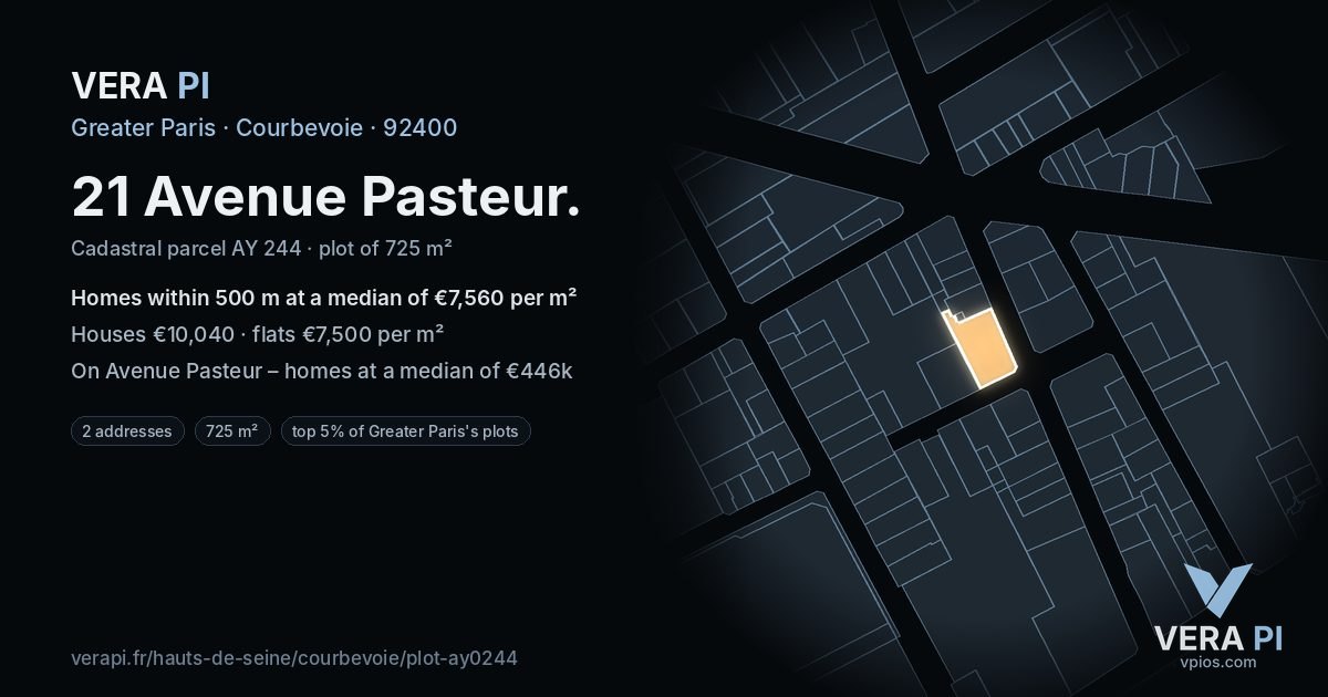 21 Avenue Pasteur, Courbevoie at night – the plot lit, the parcels around coloured by the prices near them