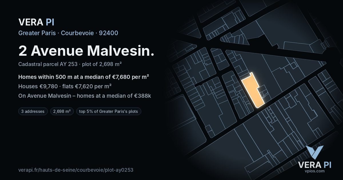 2 Avenue Malvesin, Courbevoie at night – the plot lit, the parcels around coloured by the prices near them