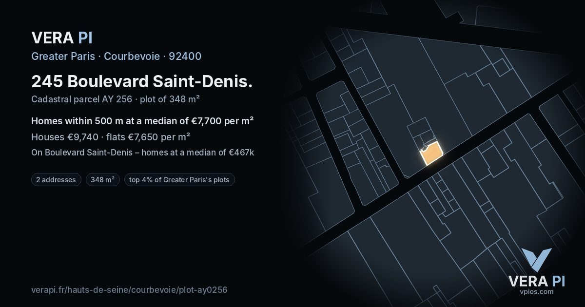 245 Boulevard Saint-Denis, Courbevoie at night – the plot lit, the parcels around coloured by the prices near them