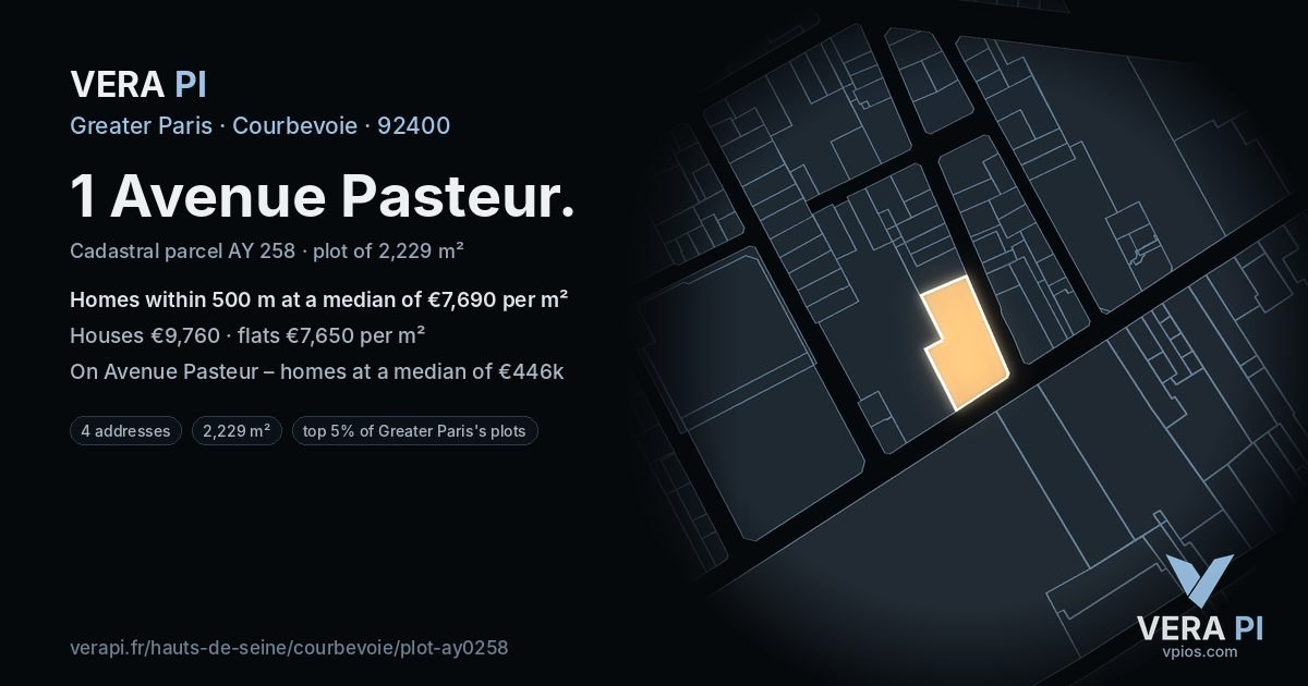 1 Avenue Pasteur, Courbevoie at night – the plot lit, the parcels around coloured by the prices near them