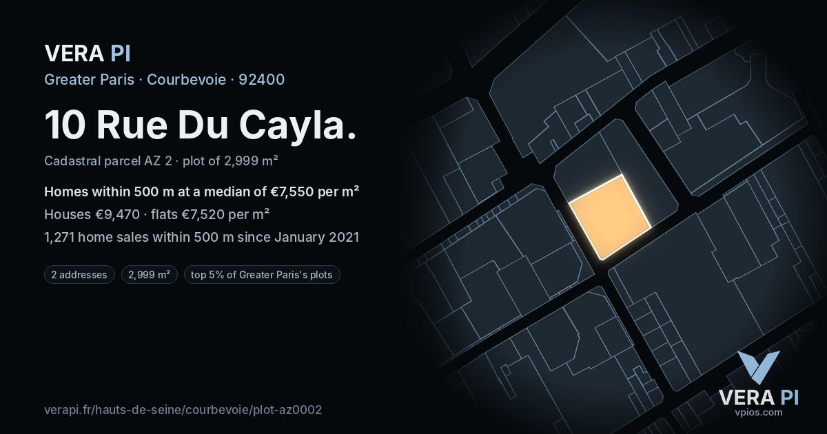 10 Rue Du Cayla, Courbevoie at night – the plot lit, the parcels around coloured by the prices near them