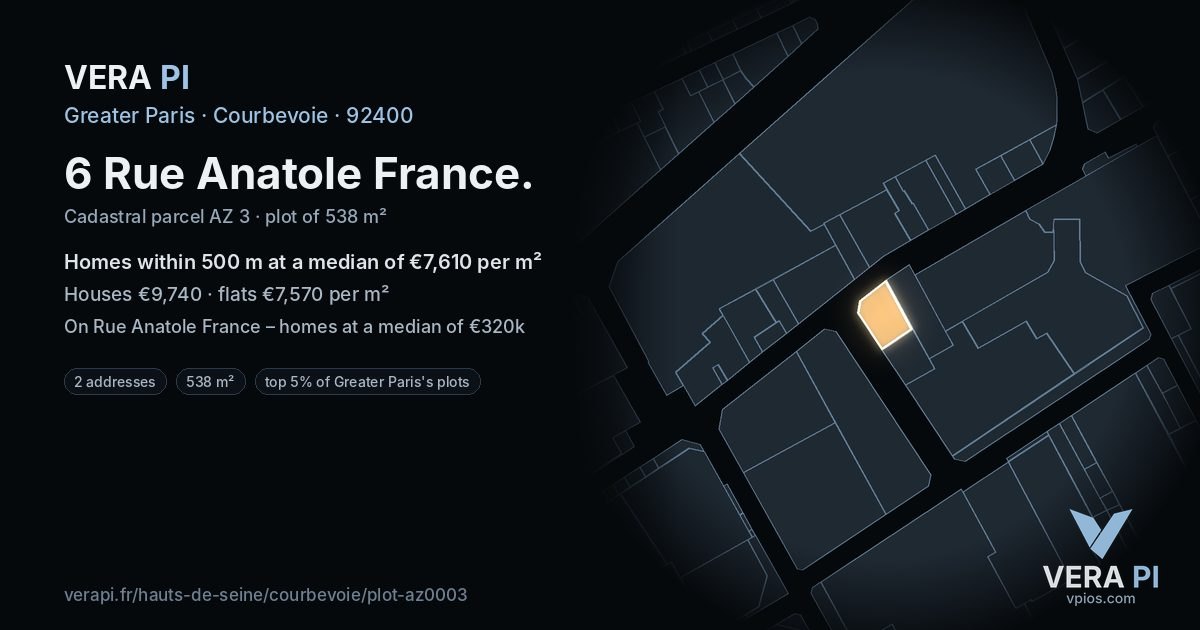 6 Rue Anatole France, Courbevoie at night – the plot lit, the parcels around coloured by the prices near them