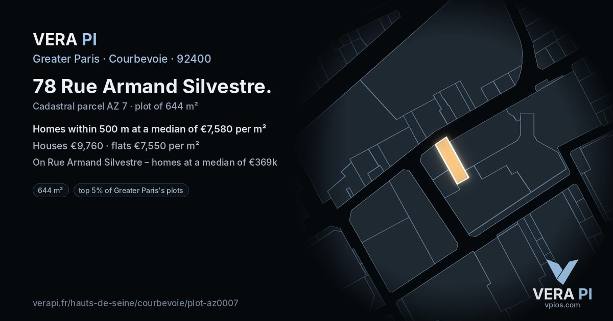 78 Rue Armand Silvestre, Courbevoie at night – the plot lit, the parcels around coloured by the prices near them