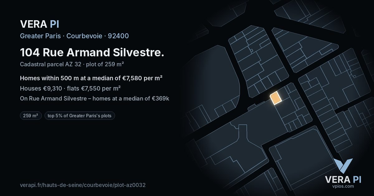 104 Rue Armand Silvestre, Courbevoie at night – the plot lit, the parcels around coloured by the prices near them