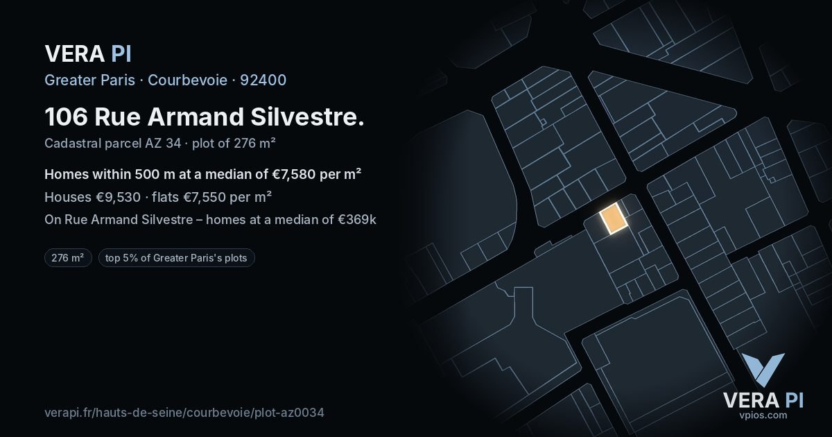106 Rue Armand Silvestre, Courbevoie at night – the plot lit, the parcels around coloured by the prices near them