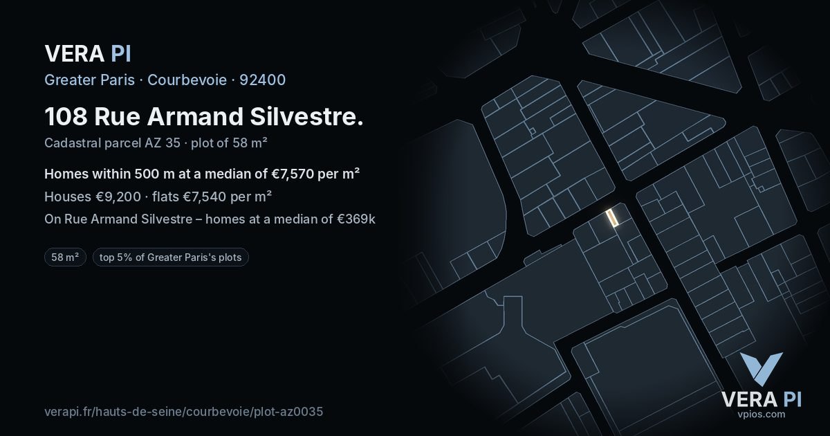 108 Rue Armand Silvestre, Courbevoie at night – the plot lit, the parcels around coloured by the prices near them