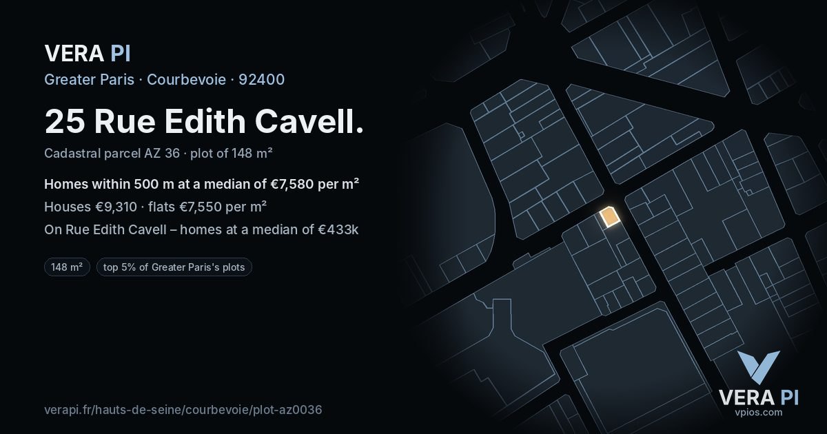 25 Rue Edith Cavell, Courbevoie at night – the plot lit, the parcels around coloured by the prices near them