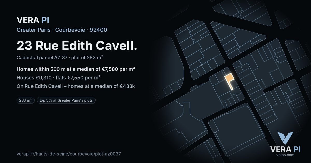 23 Rue Edith Cavell, Courbevoie at night – the plot lit, the parcels around coloured by the prices near them
