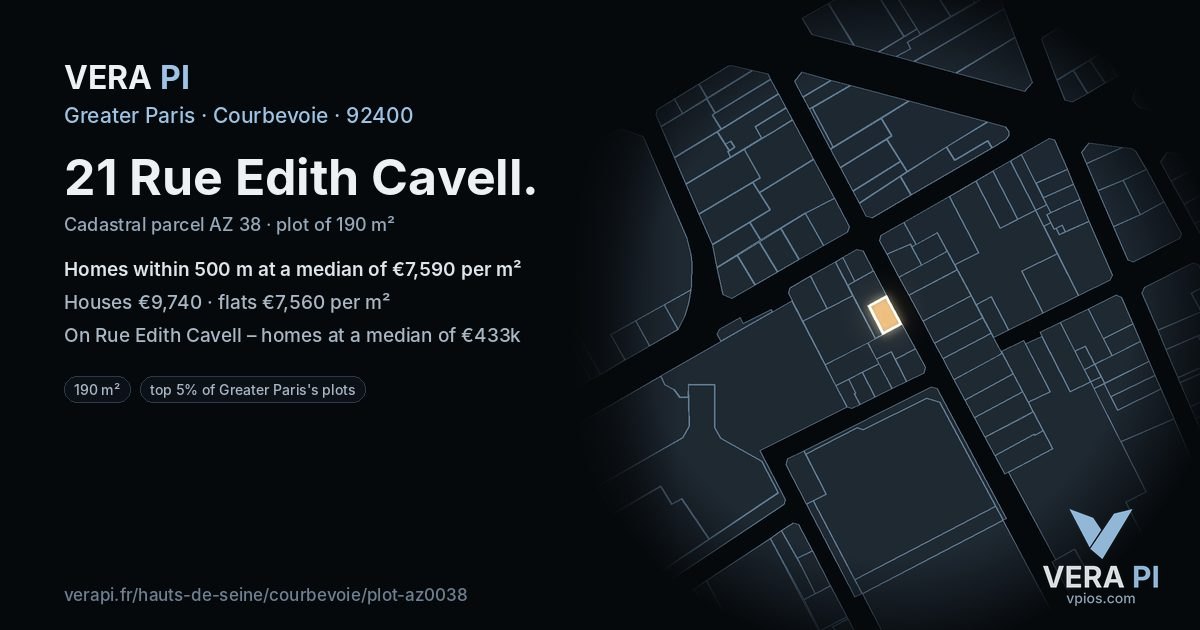 21 Rue Edith Cavell, Courbevoie at night – the plot lit, the parcels around coloured by the prices near them