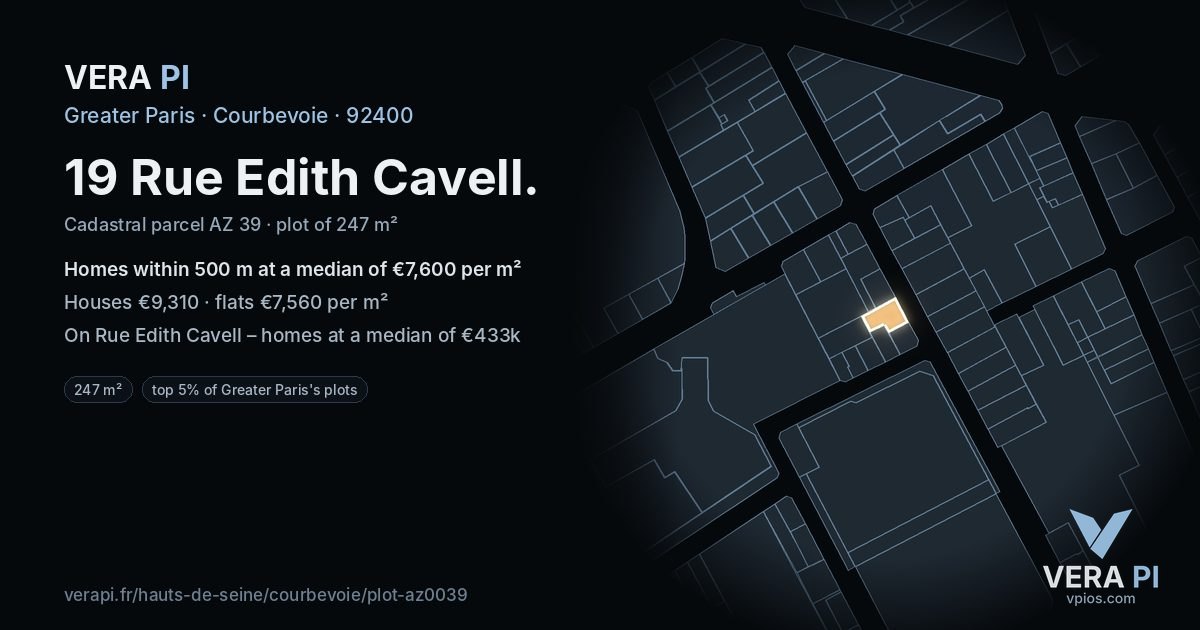 19 Rue Edith Cavell, Courbevoie at night – the plot lit, the parcels around coloured by the prices near them