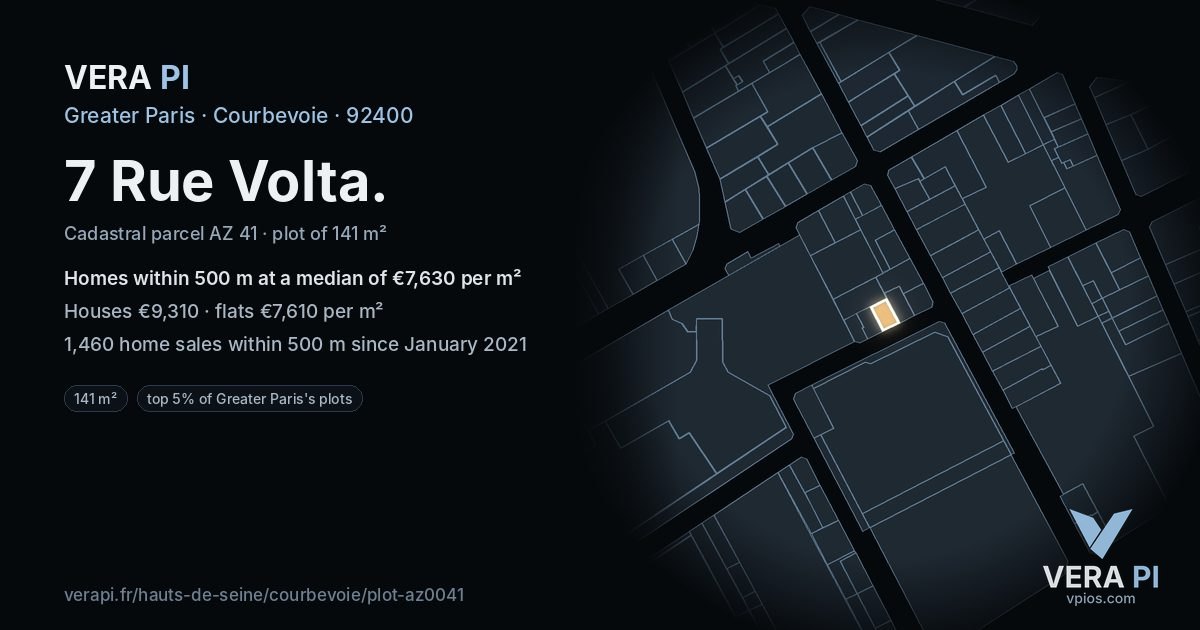 7 Rue Volta, Courbevoie at night – the plot lit, the parcels around coloured by the prices near them