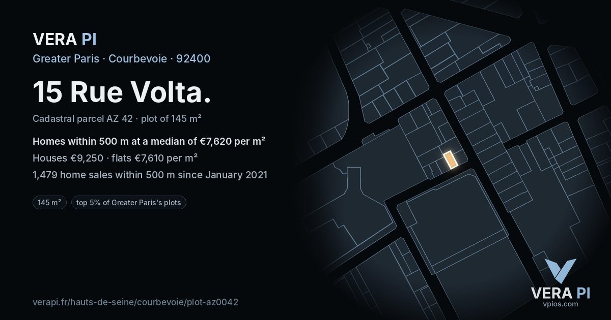 15 Rue Volta, Courbevoie at night – the plot lit, the parcels around coloured by the prices near them