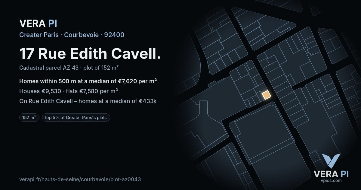 17 Rue Edith Cavell, Courbevoie at night – the plot lit, the parcels around coloured by the prices near them