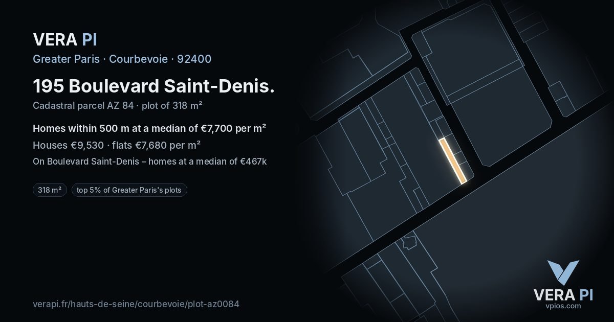 195 Boulevard Saint-Denis, Courbevoie at night – the plot lit, the parcels around coloured by the prices near them