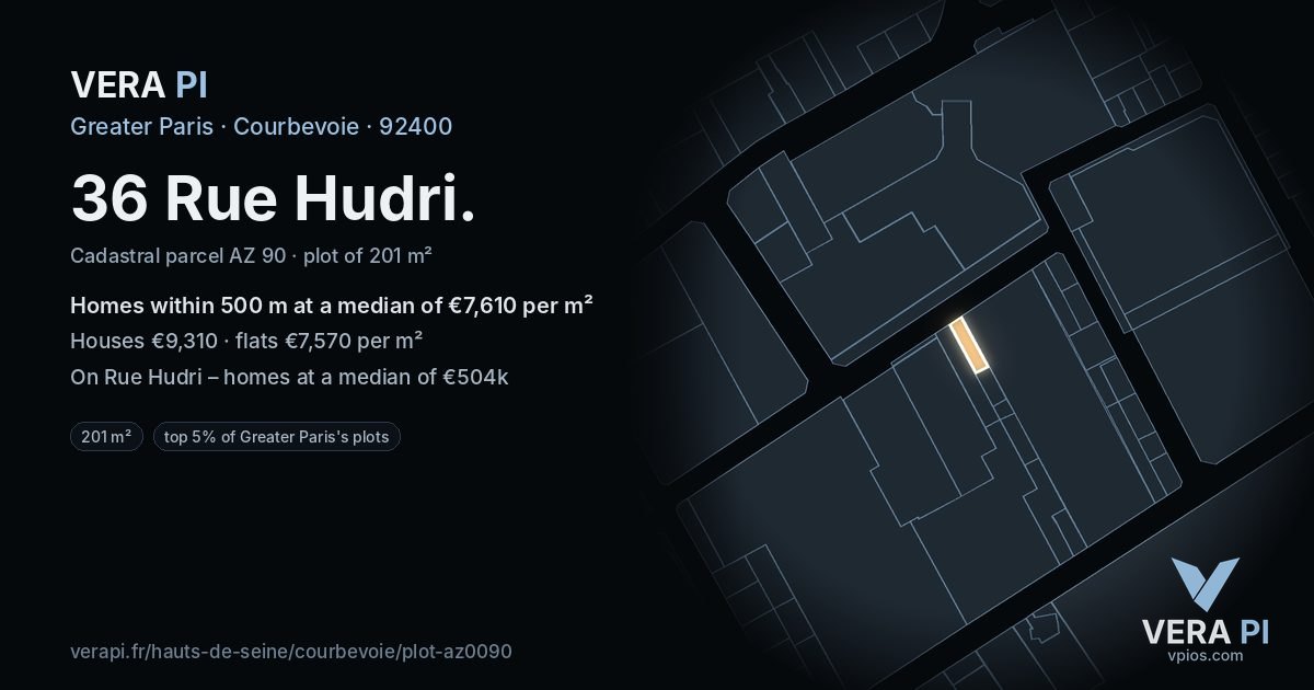 36 Rue Hudri, Courbevoie at night – the plot lit, the parcels around coloured by the prices near them