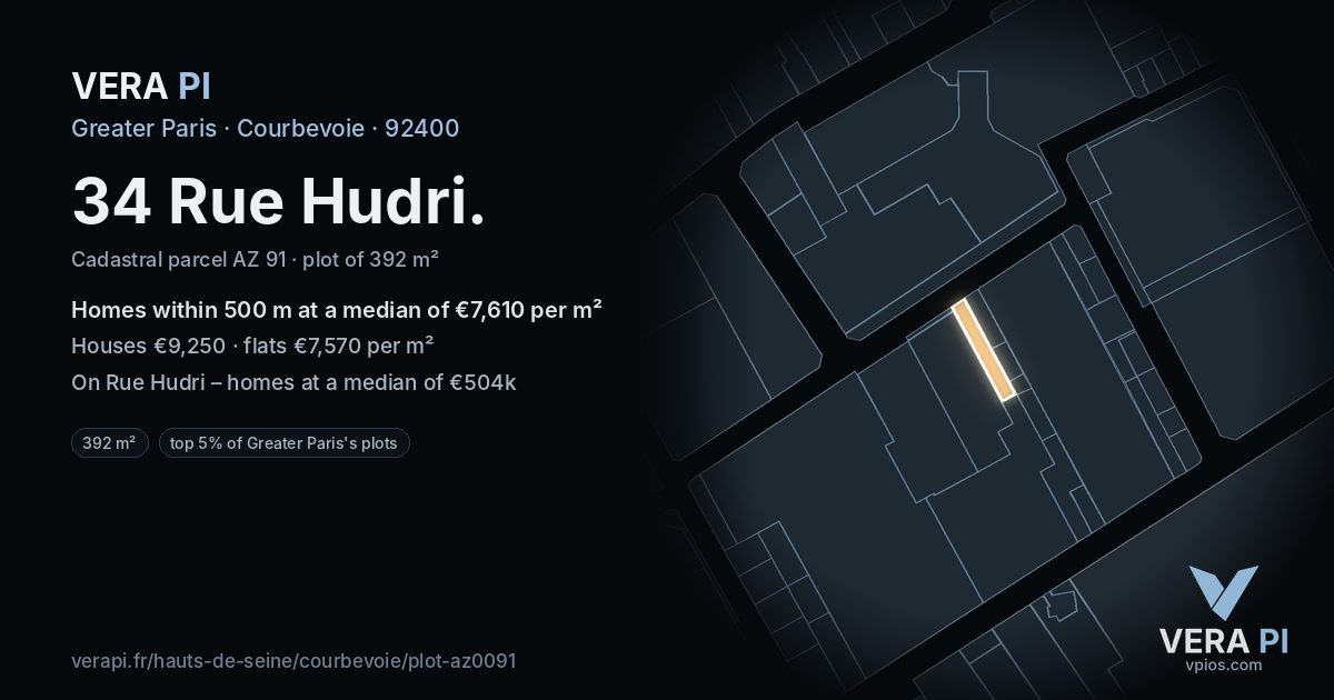 34 Rue Hudri, Courbevoie at night – the plot lit, the parcels around coloured by the prices near them