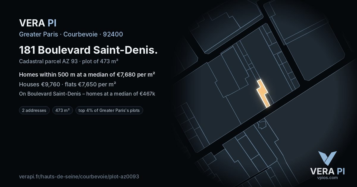 181 Boulevard Saint-Denis, Courbevoie at night – the plot lit, the parcels around coloured by the prices near them