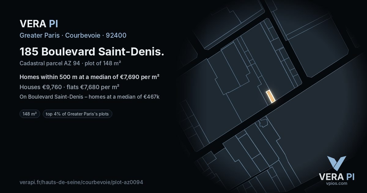 185 Boulevard Saint-Denis, Courbevoie at night – the plot lit, the parcels around coloured by the prices near them