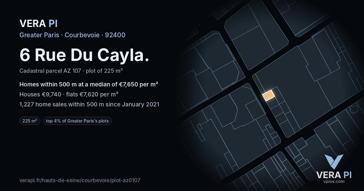 6 Rue Du Cayla, Courbevoie at night – the plot lit, the parcels around coloured by the prices near them