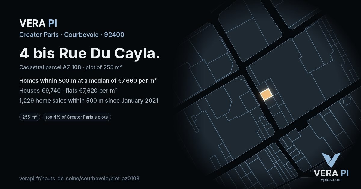 4 bis Rue Du Cayla, Courbevoie at night – the plot lit, the parcels around coloured by the prices near them