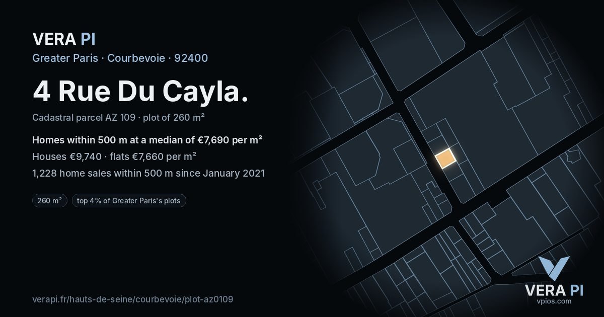 4 Rue Du Cayla, Courbevoie at night – the plot lit, the parcels around coloured by the prices near them