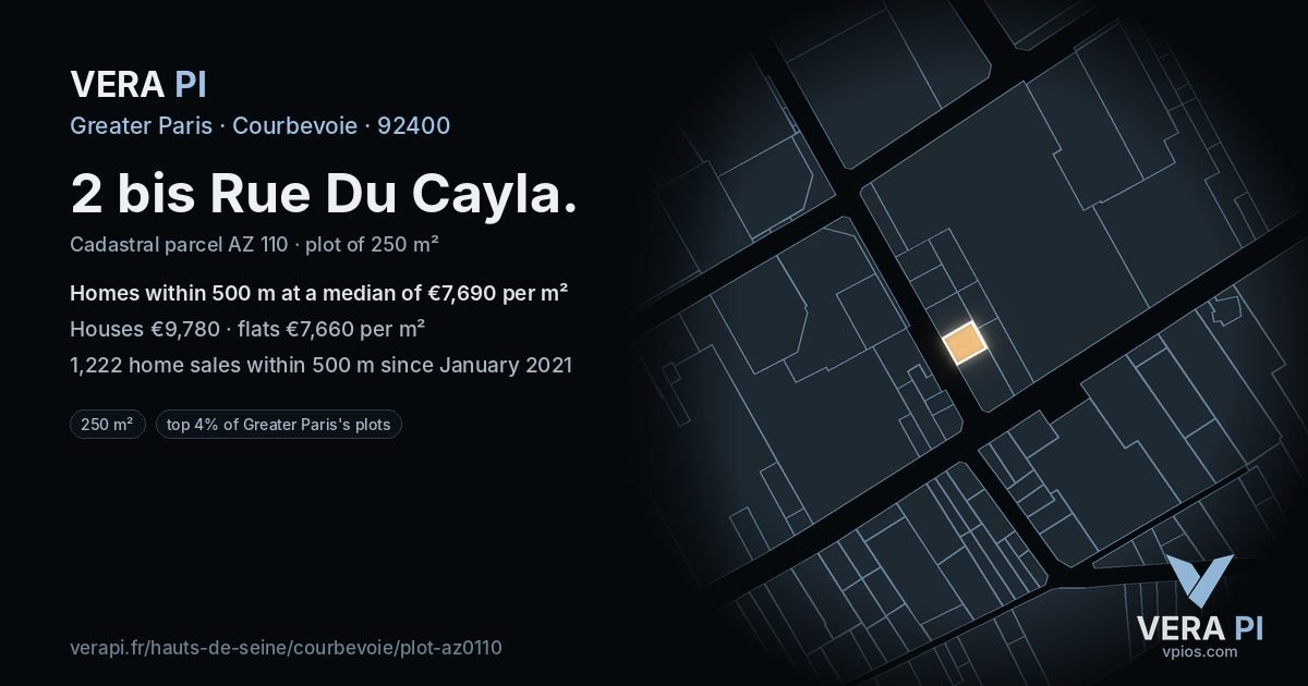 2 bis Rue Du Cayla, Courbevoie at night – the plot lit, the parcels around coloured by the prices near them