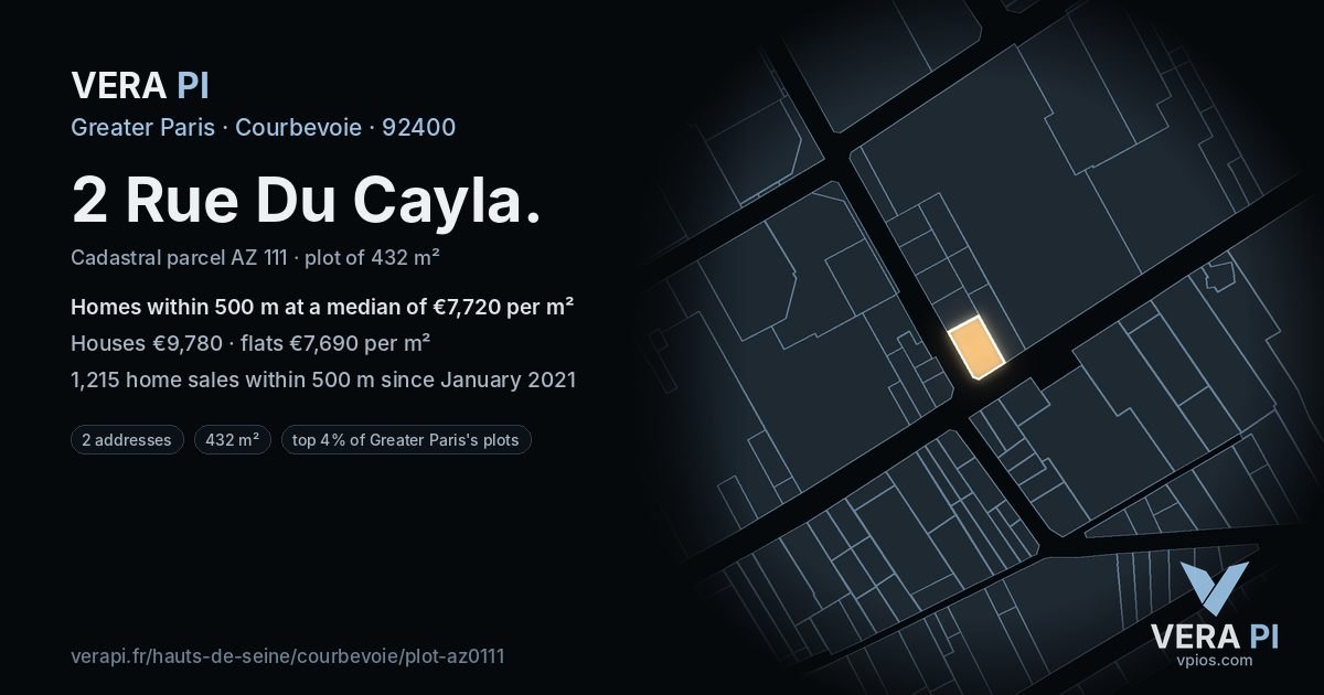 2 Rue Du Cayla, Courbevoie at night – the plot lit, the parcels around coloured by the prices near them