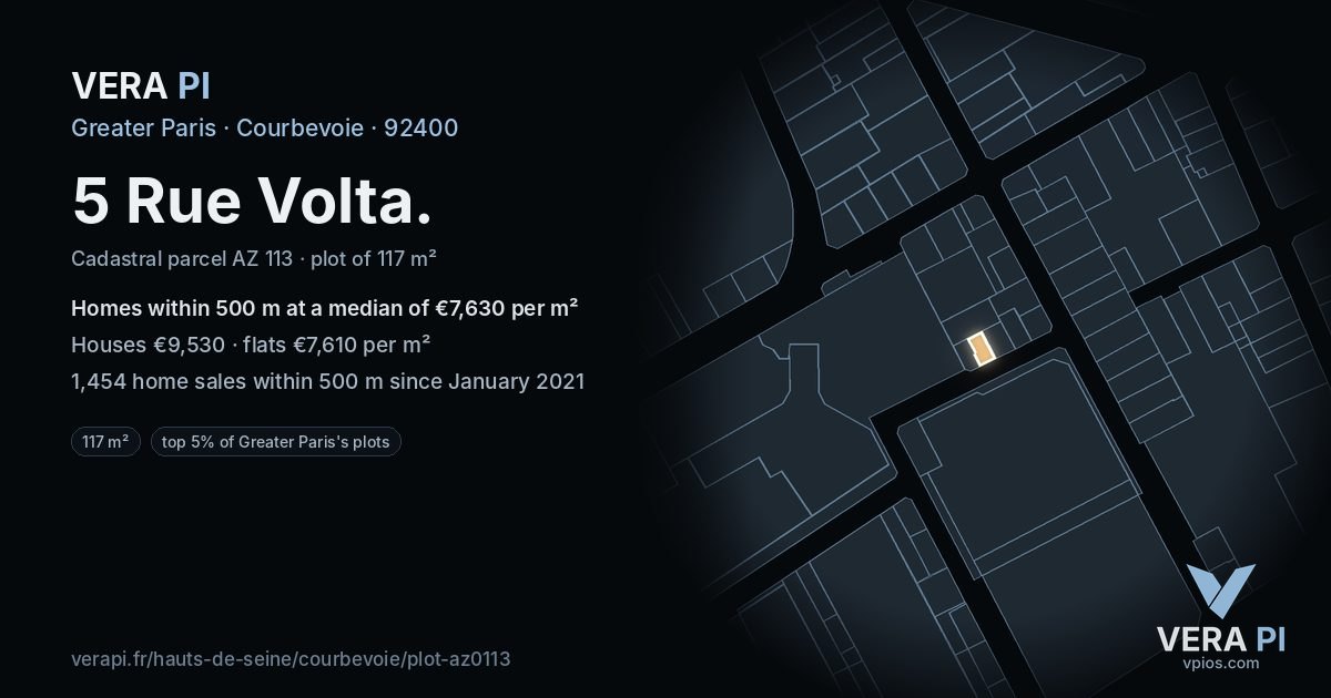 5 Rue Volta, Courbevoie at night – the plot lit, the parcels around coloured by the prices near them