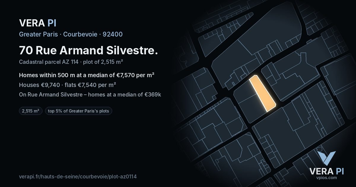 70 Rue Armand Silvestre, Courbevoie at night – the plot lit, the parcels around coloured by the prices near them