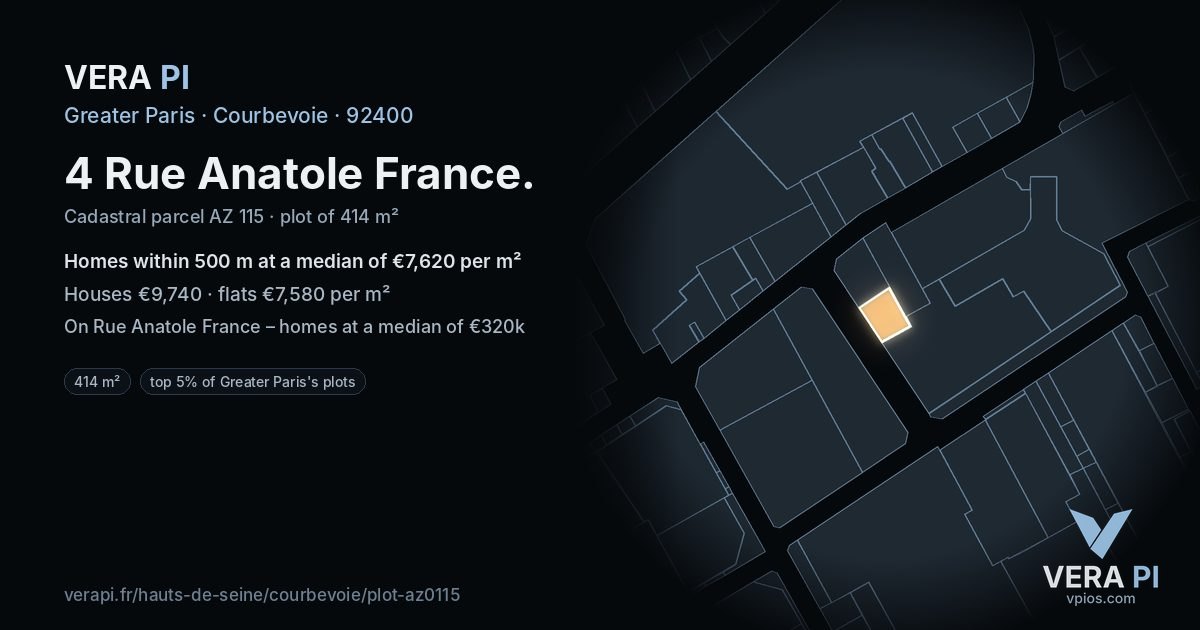 4 Rue Anatole France, Courbevoie at night – the plot lit, the parcels around coloured by the prices near them
