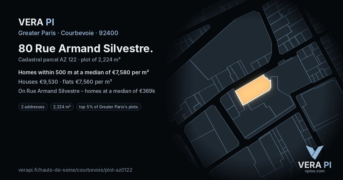 80 Rue Armand Silvestre, Courbevoie at night – the plot lit, the parcels around coloured by the prices near them