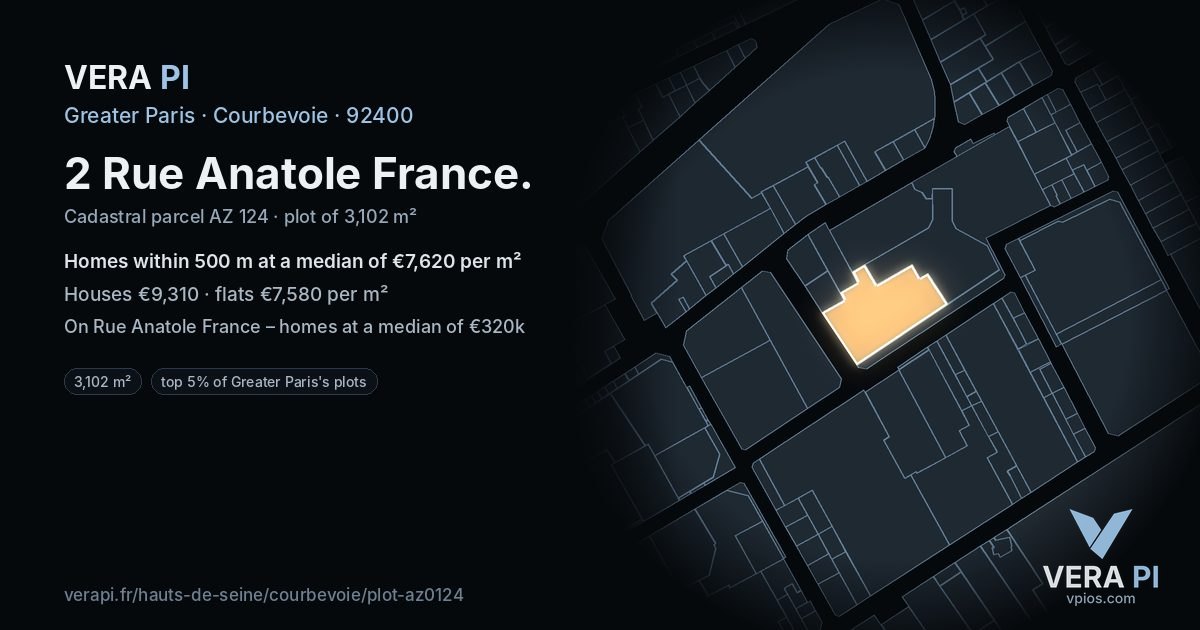2 Rue Anatole France, Courbevoie at night – the plot lit, the parcels around coloured by the prices near them