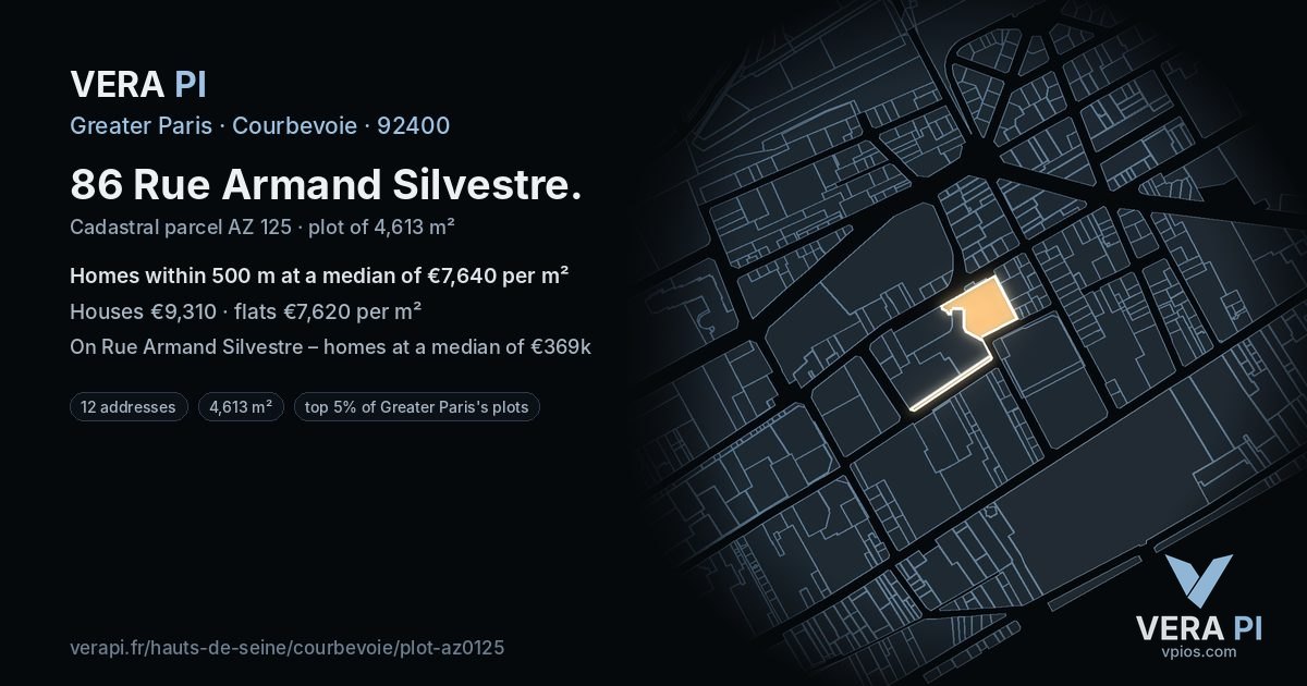 86 Rue Armand Silvestre, Courbevoie at night – the plot lit, the parcels around coloured by the prices near them