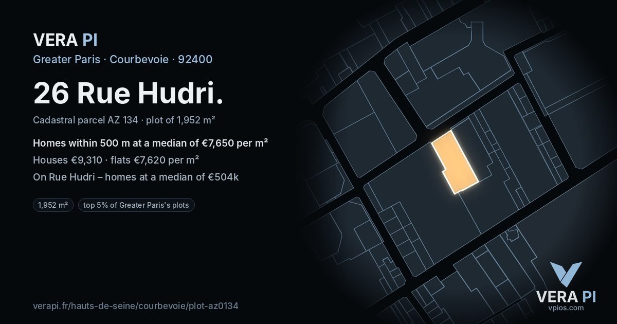 26 Rue Hudri, Courbevoie at night – the plot lit, the parcels around coloured by the prices near them