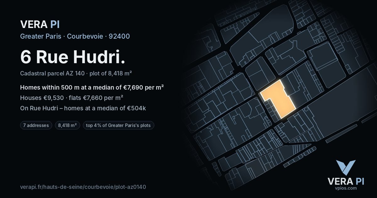 6 Rue Hudri, Courbevoie at night – the plot lit, the parcels around coloured by the prices near them
