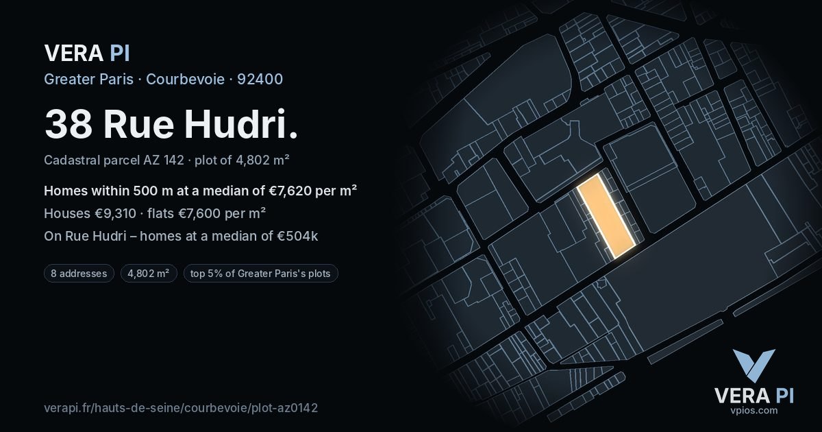 38 Rue Hudri, Courbevoie at night – the plot lit, the parcels around coloured by the prices near them