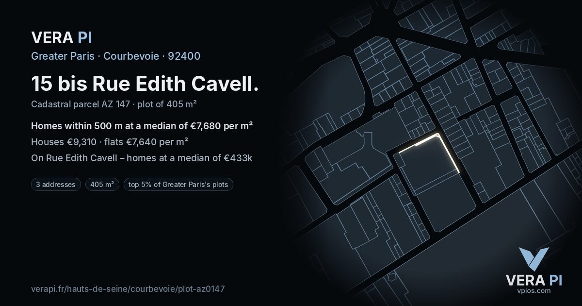 15 bis Rue Edith Cavell, Courbevoie at night – the plot lit, the parcels around coloured by the prices near them