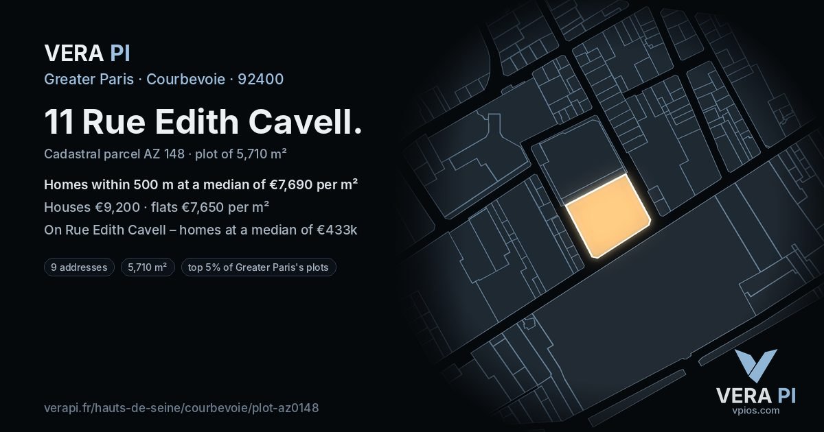 11 Rue Edith Cavell, Courbevoie at night – the plot lit, the parcels around coloured by the prices near them