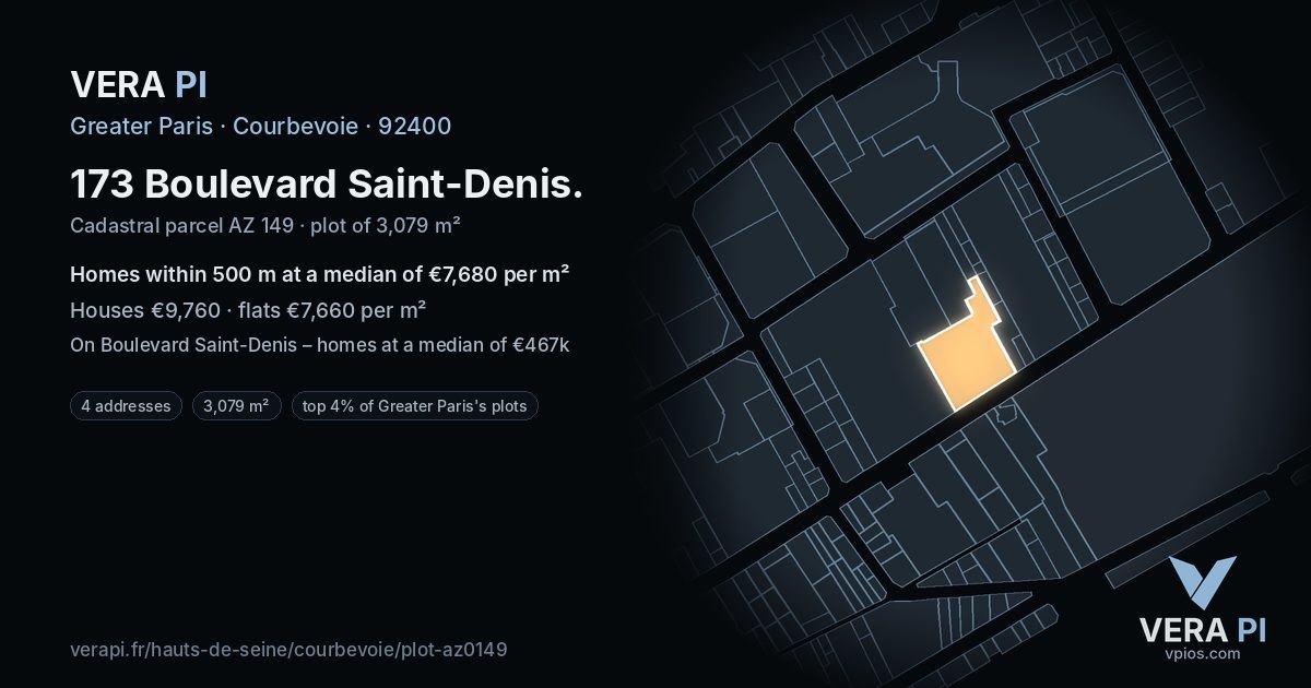 173 Boulevard Saint-Denis, Courbevoie at night – the plot lit, the parcels around coloured by the prices near them