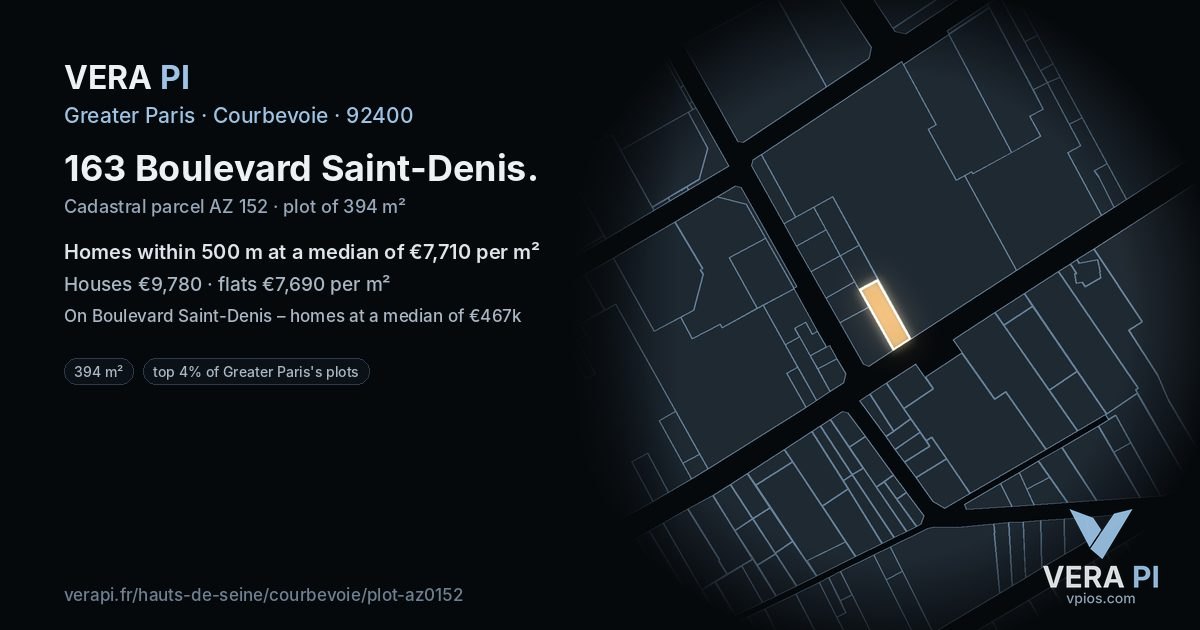 163 Boulevard Saint-Denis, Courbevoie at night – the plot lit, the parcels around coloured by the prices near them