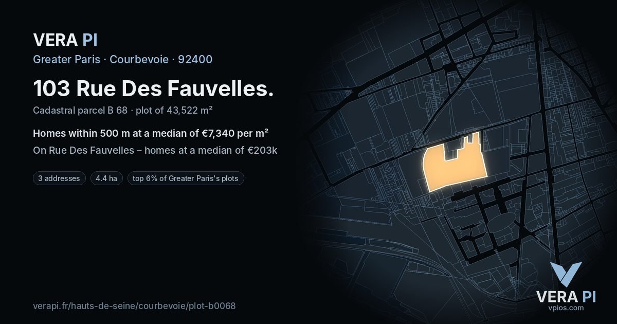 103 Rue Des Fauvelles, Courbevoie at night – the plot lit, the parcels around coloured by the prices near them