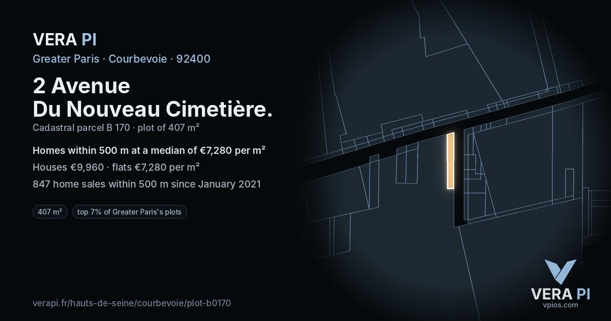 2 Avenue Du Nouveau Cimetière, Courbevoie at night – the plot lit, the parcels around coloured by the prices near them