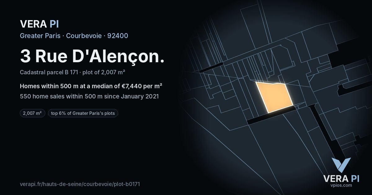 3 Rue D'Alençon, Courbevoie at night – the plot lit, the parcels around coloured by the prices near them
