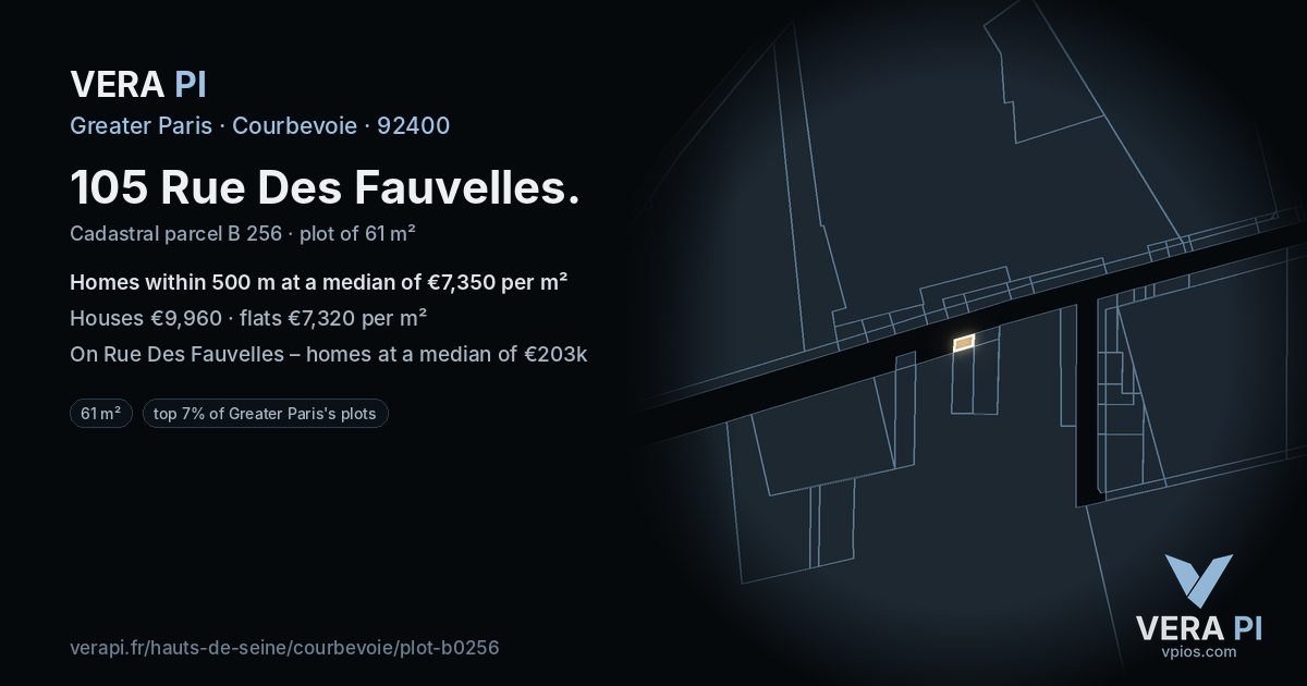 105 Rue Des Fauvelles, Courbevoie at night – the plot lit, the parcels around coloured by the prices near them
