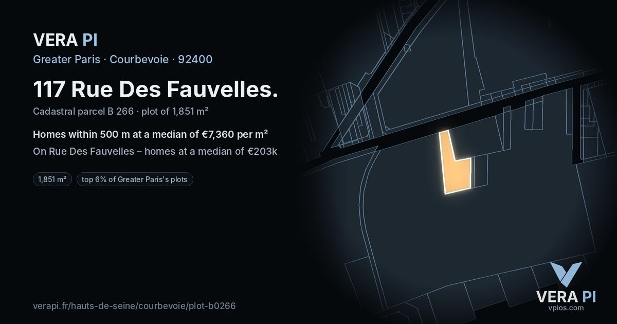 117 Rue Des Fauvelles, Courbevoie at night – the plot lit, the parcels around coloured by the prices near them