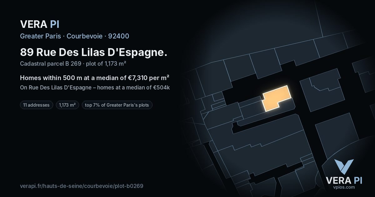 89 Rue Des Lilas D'Espagne, Courbevoie at night – the plot lit, the parcels around coloured by the prices near them