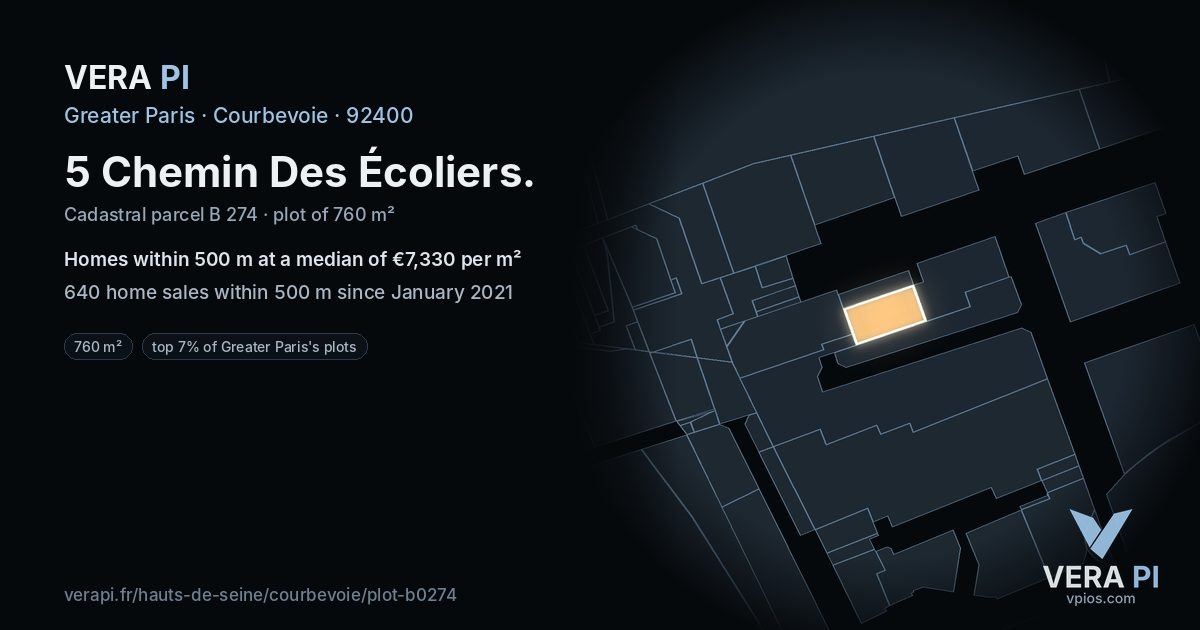 5 Chemin Des Écoliers, Courbevoie at night – the plot lit, the parcels around coloured by the prices near them