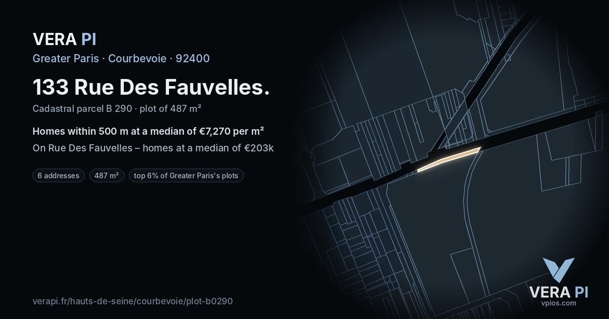 133 Rue Des Fauvelles, Courbevoie at night – the plot lit, the parcels around coloured by the prices near them